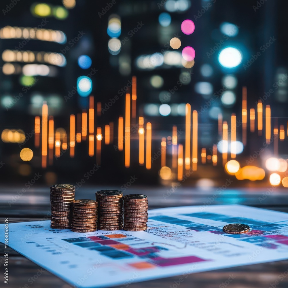 Poster A Close-Up View of Assorted Coins and Financial Graphs on a Wooden Table Representing Economic Growth Investment and Wealth Management Strategies