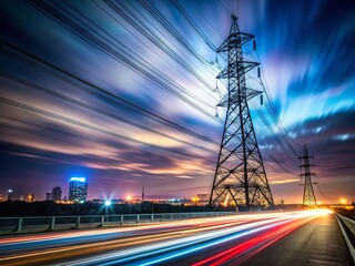 Long Exposure of Electric Power Tower at Night, Dramatic Lighting