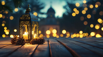Obraz premium Wooden Table with lantern and Blurred Mosque and Golden Bokeh Lights for product display on ramadan kareem 