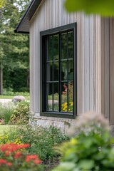 Wooden house with large black window surrounded by blooming garden on a sunny day showcasing vibrant flowers and greenery