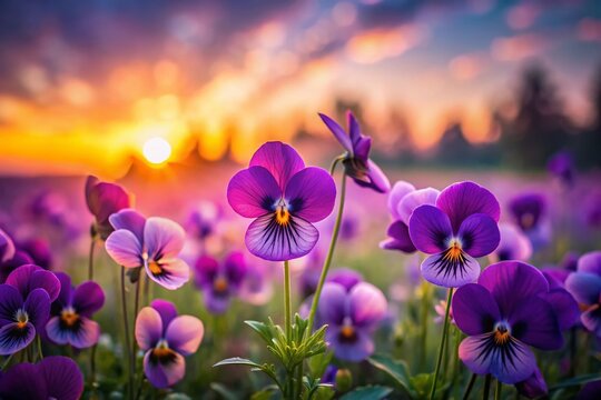 Long Exposure of Vibrant Purple Violets in a Lush Garden at Dusk