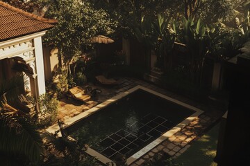 Serene Outdoor Retreat with Lush Greenery Surrounding a Tranquil Swimming Pool in a Private Garden Setting Ideal for Relaxation and Leisure Activities