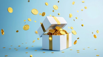 3D open gift box surprise with gold coins. loyalty program and get rewards, Money prize reward. Casino or Online game winner. 3d rendering. Vector illustration