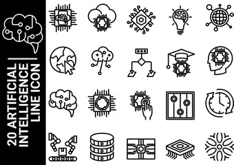20 artificial intelligence line icon black and white