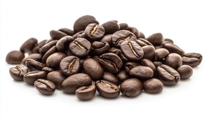 Pile of coffee beans on white background