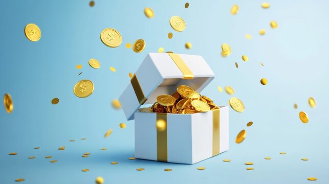 3D open gift box surprise with gold coins. loyalty program and get rewards, Money prize reward. Casino or Online game winner. 3d rendering. Vector illustration