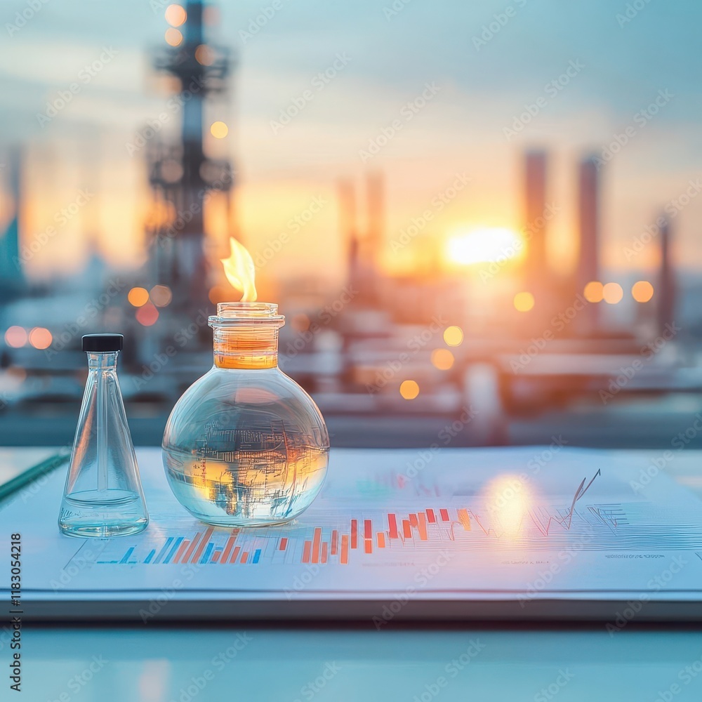 Leinwandbilder Scientific Glass Flask and Beaker Displaying Graphs Representing Data Analysis in a Laboratory Setting Creating a Professional and Academic Atmosphere