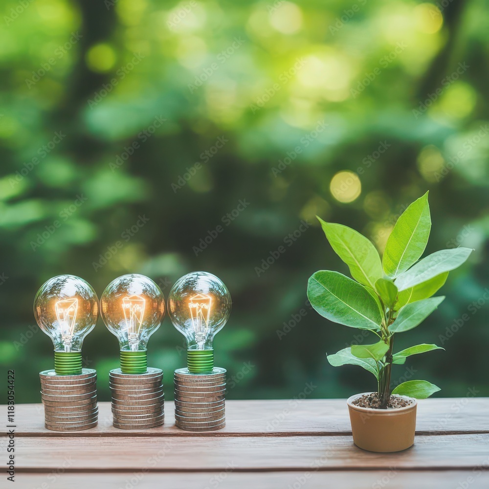 Poster three vintage light bulbs with green plant emerging from each creating a unique combination of natur