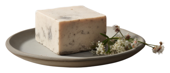 PNG A soap bar in a square dish with a plate parmigiano-reggiano semifreddo freshness.
