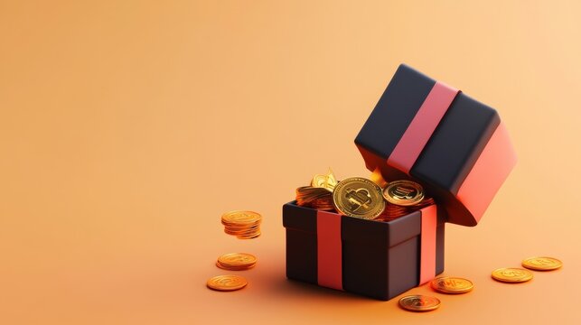 3D open gift box surprise with gold coins. loyalty program and get rewards, Money prize reward. Casino or Online game winner. 3d rendering. Vector illustration