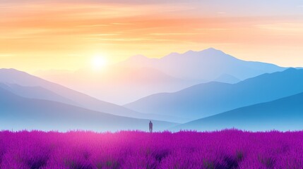 Serene Sunset Over Lavender Fields and Distant Mountains