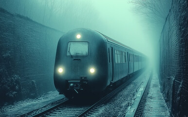 Naklejka premium A train is traveling down a track in the rain