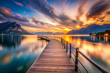 Fototapeta premium Long Exposure Photography: Serene Lake Iseo Pier View at Sunset