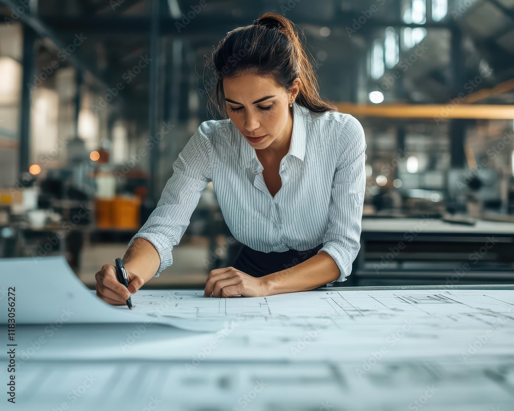 Poster focused woman analyzing detailed blueprint with architectural elements in a bright workspace radiati