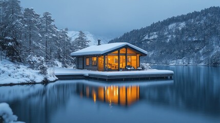 Fototapeta premium Cozy lake cabin in winter.