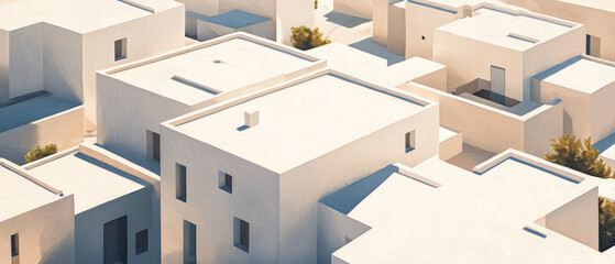 Aerial view of simple geometric white buildings, soft tones, subtle shadows, generative AI