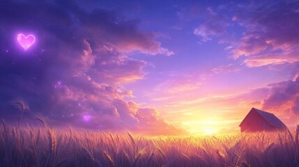 Serene Sunset Wheat Field with Heart Glowing