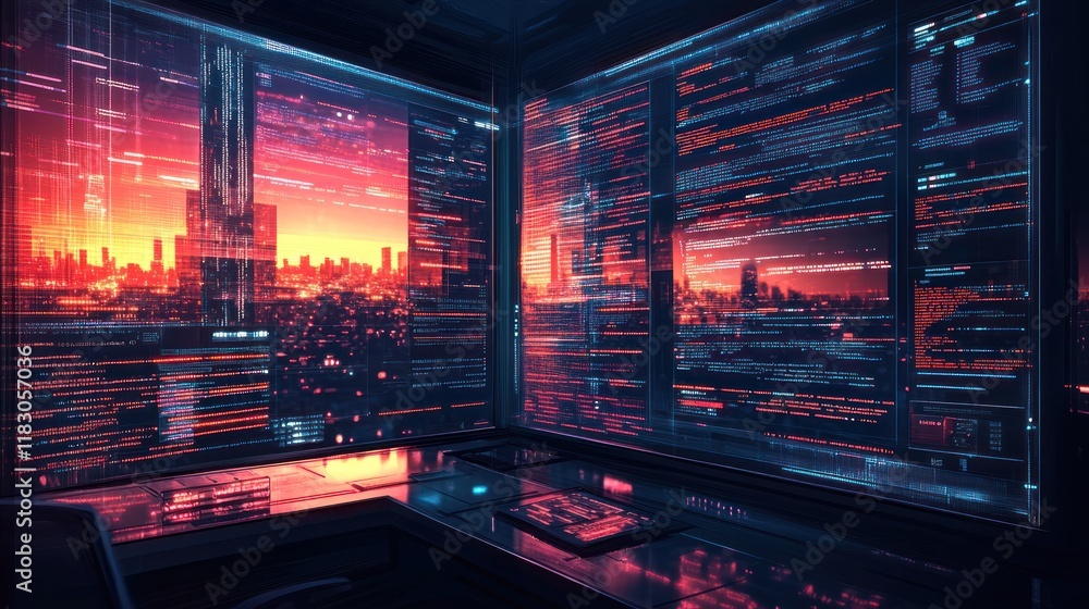 Poster futuristic office with city view and coding screens.