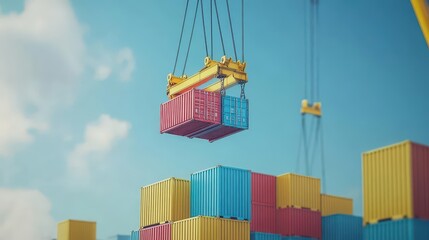 Freight containers being unloaded by cranes, industrial setting, room for text