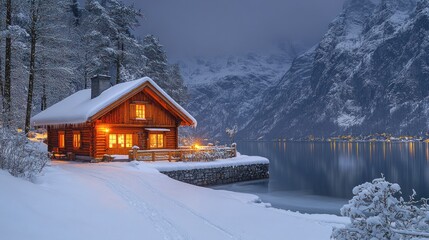 Cozy wooden cabin nestled in snowy mountains by a tranquil lake at twilight.
