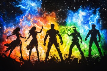 Silhouette of Diverse Superheroes Against a Colorful Cosmic Background Featuring Lightning and Stars, Symbolizing Strength, Unity and Imagination