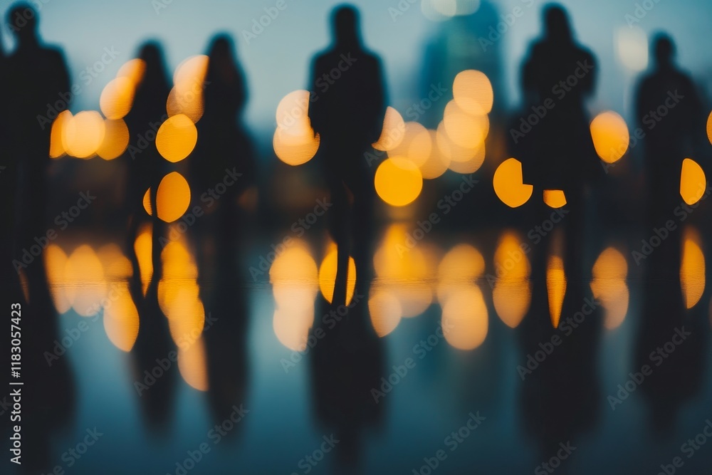 Poster silhouettes of people against a bokeh background with soft lights reflecting on a wet surface in a m