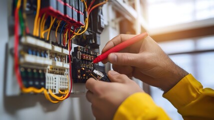 Electrician tests electrical panel wiring. Ideal for articles on electrical safety and home repairs.