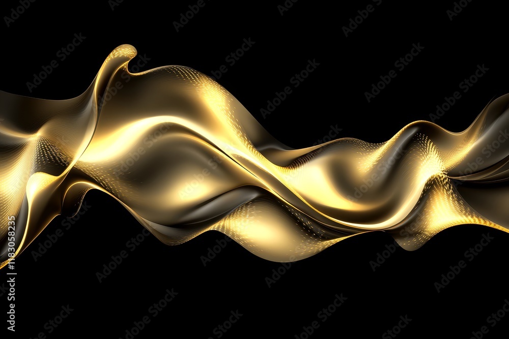Poster smooth and elegant golden waves flowing over a dark background, capturing light and shadows in a dyn