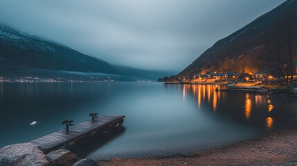 Serene Twilight Lake with Village Lights and Dock