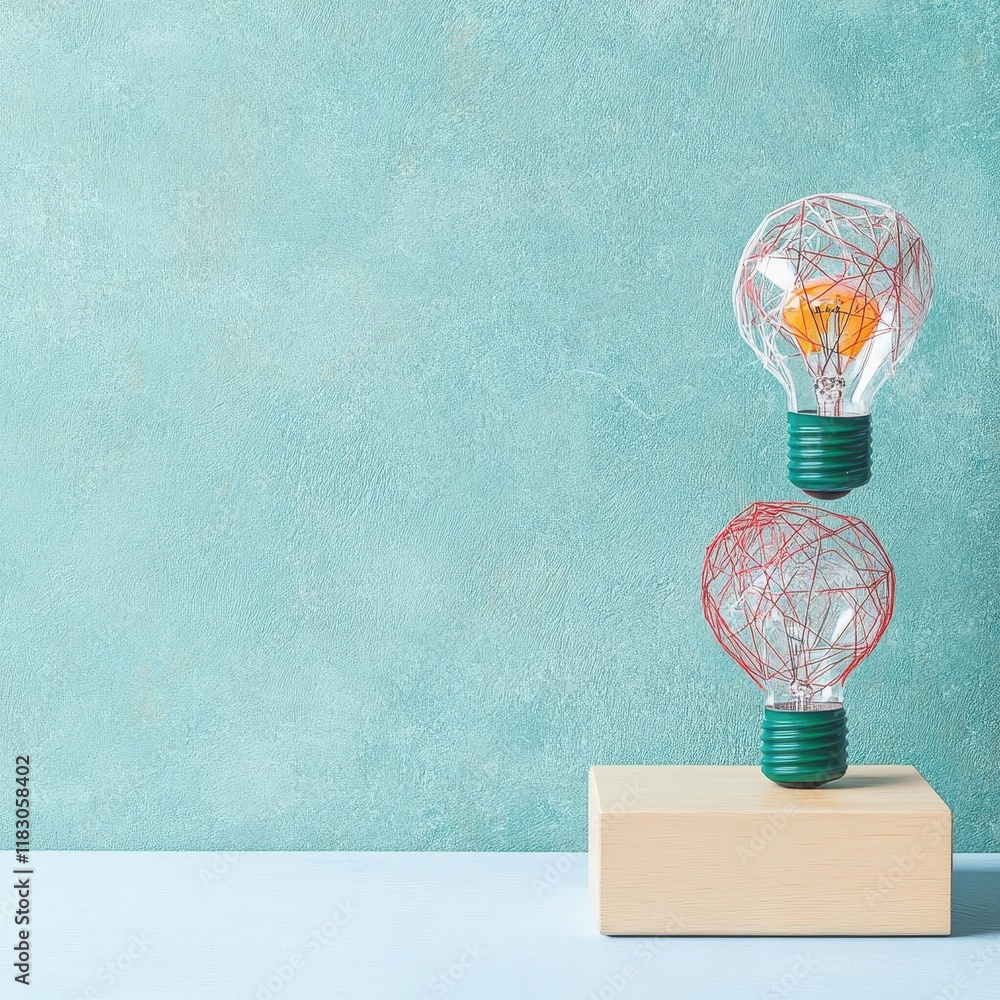 Poster illuminating light bulb wrapped in artistic wire creating a modern and innovative atmosphere for hom
