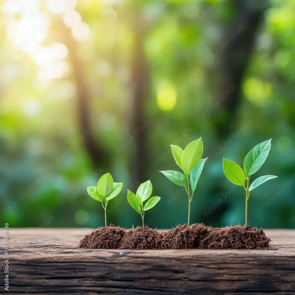 Poster three young plants emerging from rich soil on rustic wooden table in a natural setting symbolizing g