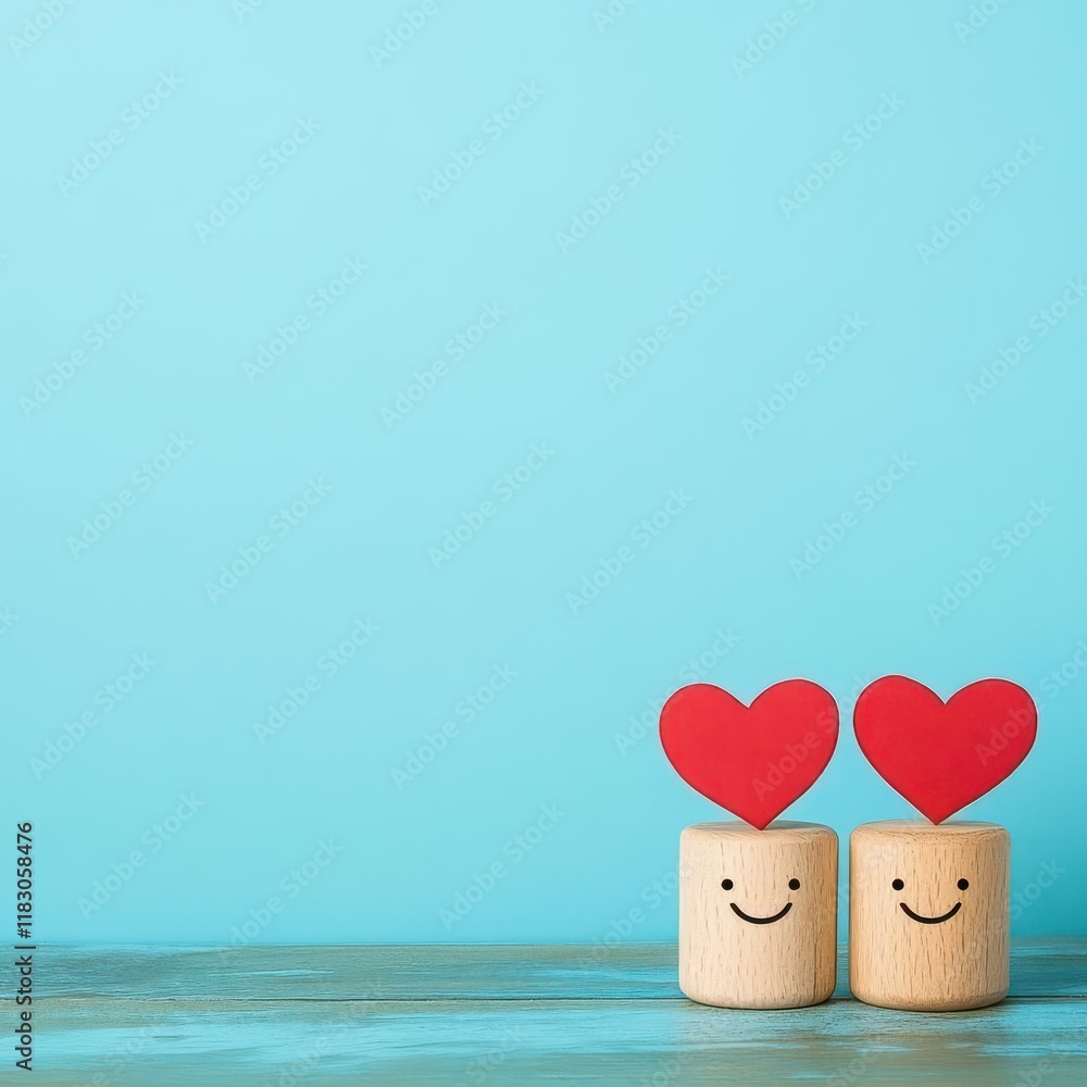 Poster Two Charming Wooden Blocks Adorned with Intricate Heart Designs Symbolizing Love and Affection Set Against a Simple Minimalist Background