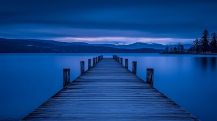 Fototapeta premium Serene Twilight Pier Extending to Mountain Lake
