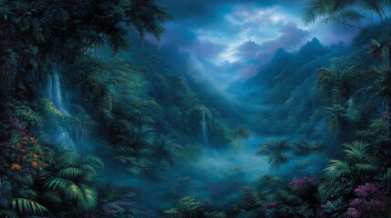 Serene Twilight Rainforest Waterfall Vista