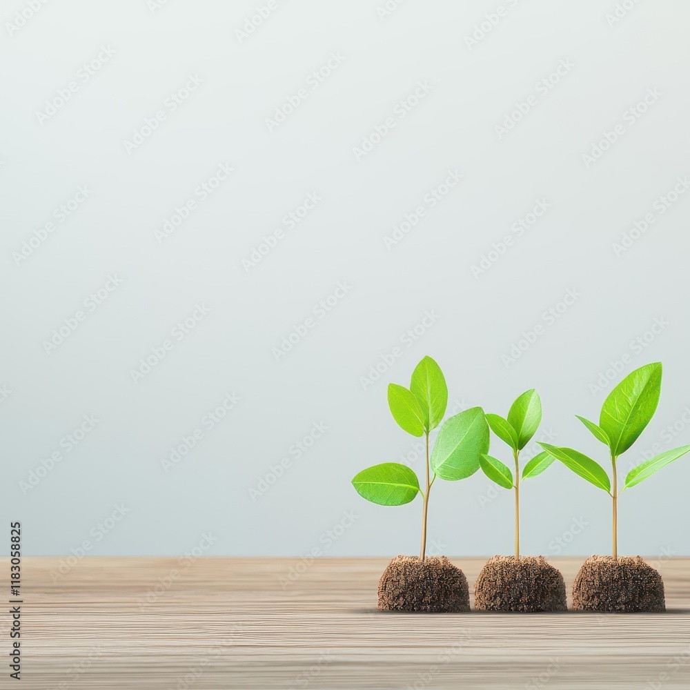 Aufkleber three vibrant green plants emerging from dark rich soil on a rustic wooden table creating a calm and