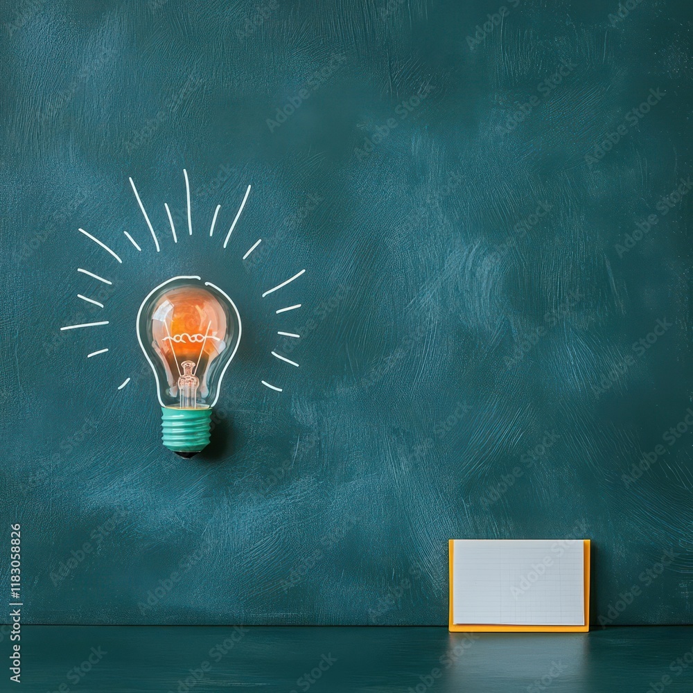 Poster illuminating light bulb hanging against lush green wall in minimalist style creating a bright inviti