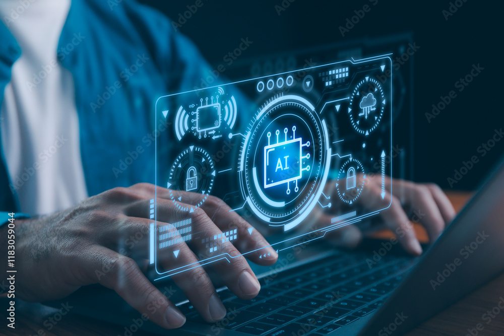 Sticker artificial intelligence machine learning technology, man using a laptop computer, generations someon