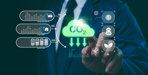 Concept of technology eco solutions. Greenhouse gas carbon reduce CO2 emissions to limit global...