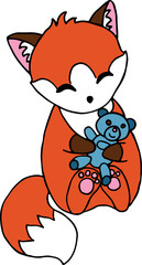 happy little red fox sits and holds little blue teddy bear in his paws