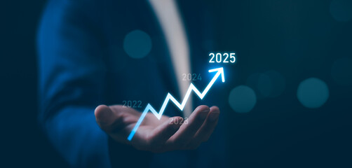 Businessman showing growth from 2024 to 2025. Concept of business success, progress, and future...