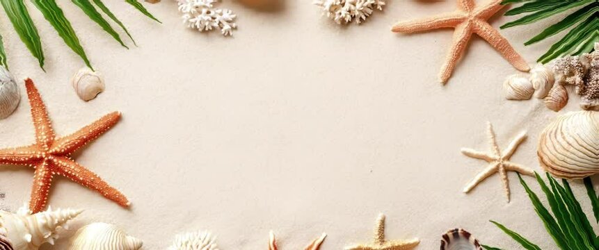 copy space of beach sand with starfish and clams