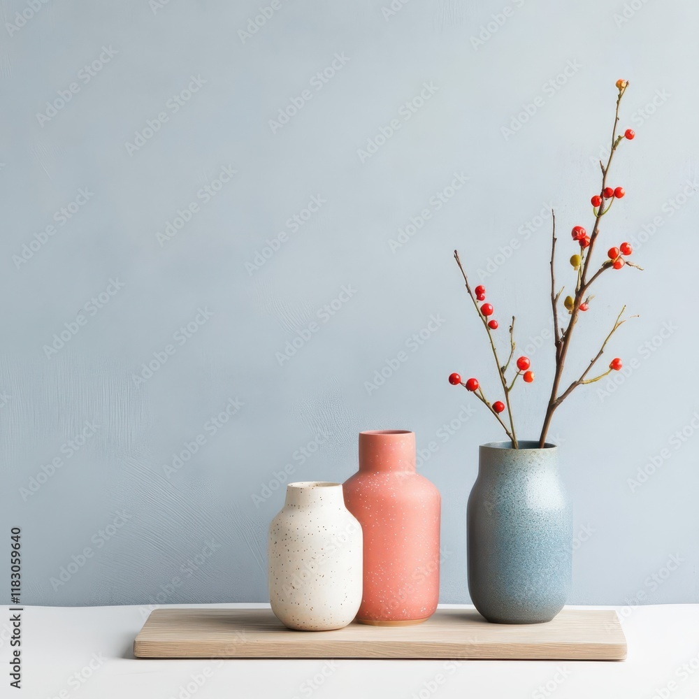 Aufkleber Two Elegant Vases Filled with Vibrant Red Berries Displayed on a Rustic Wooden Tray Creating a Warm and Inviting Atmosphere in a Cozy Setting