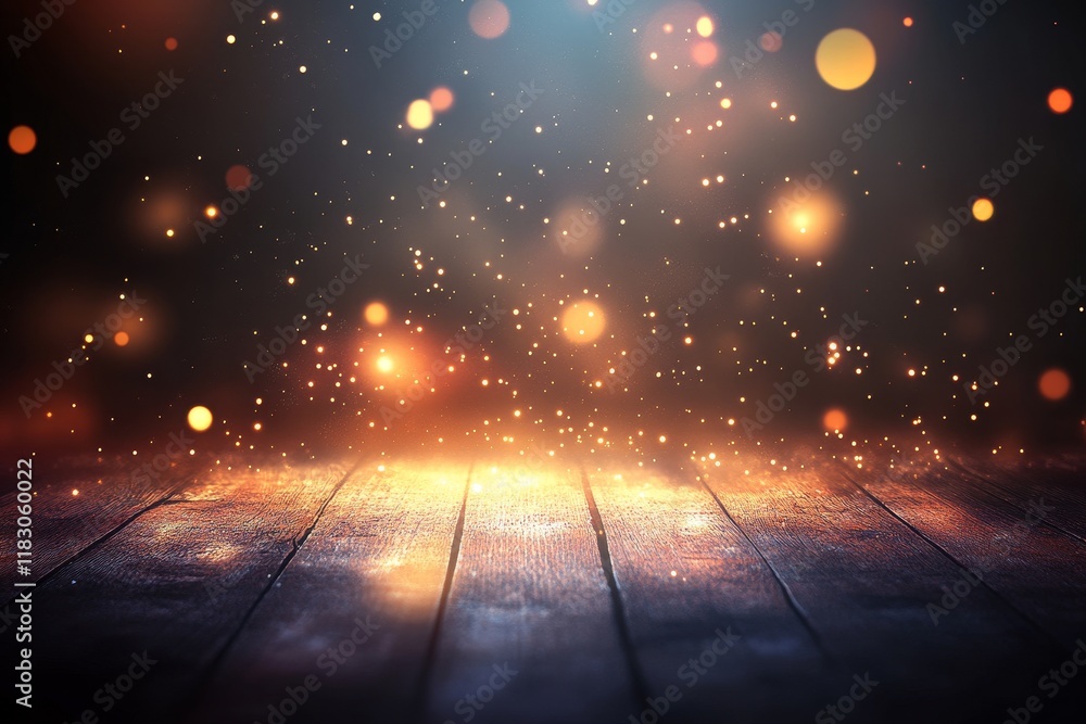 Aufkleber sparkling ambient background with soft glows and glittering dust particles illuminating a wooden sur