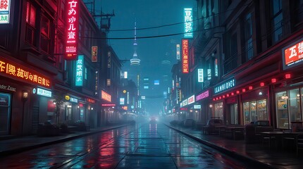 Obraz premium cityscape at night with glowing neon signs, futuristic and edgy