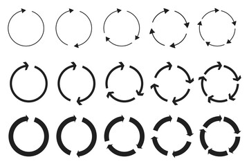 Cycle arrow icons. Circular motion symbols. Black rotation vector. Continuous flow design.
