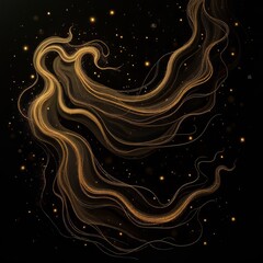 Abstract golden hair illustration on a dark background with sparkling particles.