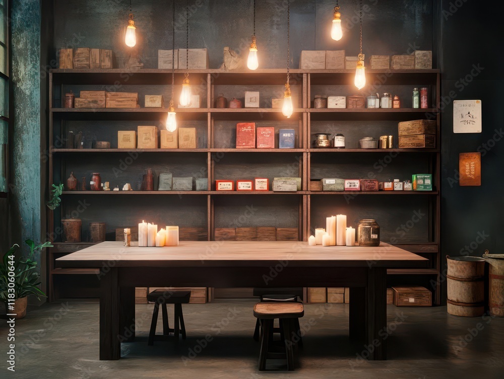 Aufkleber Rustic Wooden Table and Bench Set in Cozy Indoor Space Surrounded by Natural Light Creating a Warm Inviting Atmosphere for Relaxation and Dining