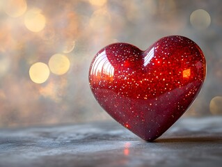 Glittering Red Heart with Blurred Bokeh Lights on Textured Surface
