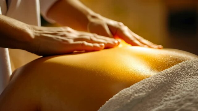 A Caucasian adult woman receives a soothing back massage from a skilled masseuse in a serene setting, bathed in soft, warm lighting, depicting relaxation and wellness, exemplifying a serene spa