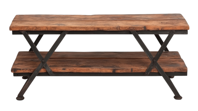 Rustic wooden table with sleek metal legs and a modern black base for dining, living or office spaces